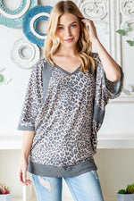 Heimish Full Size Leopard Contrast V-Neck Half Sleeve T-Shirt - Ladyez