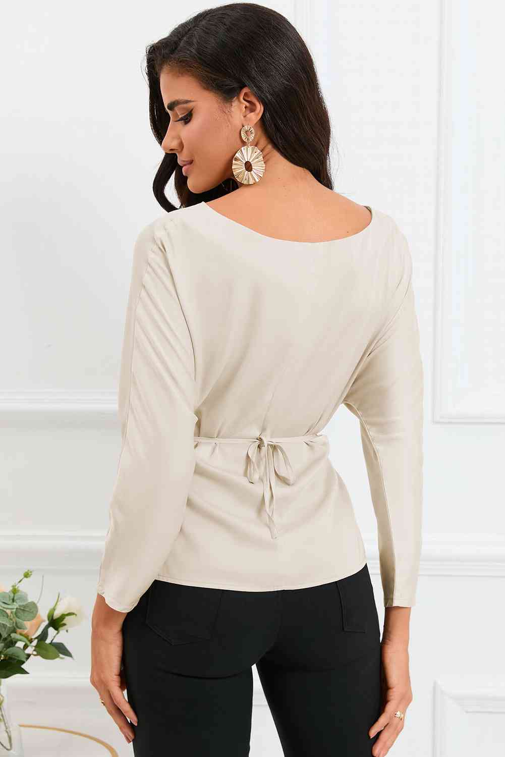 Boat Neck Back Tie Long Sleeve Satin Blouse - Ladyez