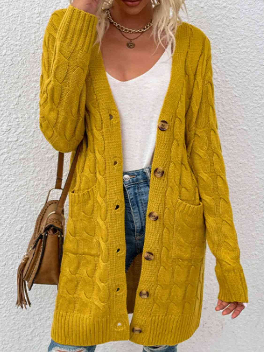 Cable-Knit Button Down Cardigan with Pockets - Ladyez