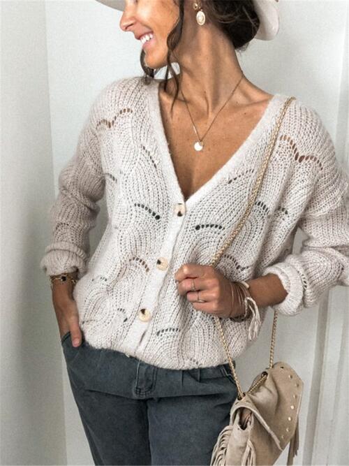 Openwork Button Up Long Sleeve Cardigan - Ladyez