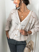 Openwork Button Up Long Sleeve Cardigan - Ladyez
