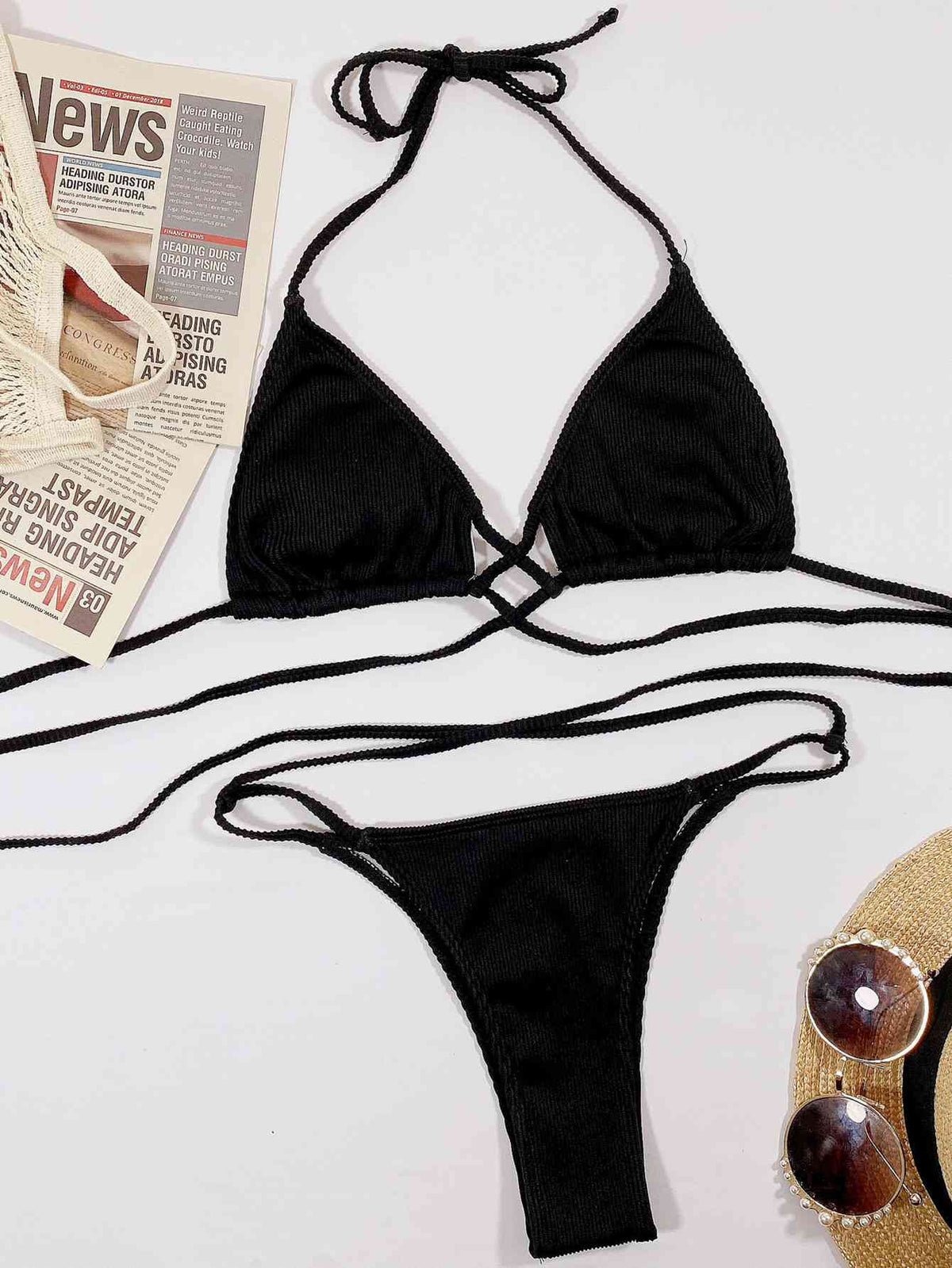 Halter Neck Crisscross Ribbed Bikini Set - Ladyez