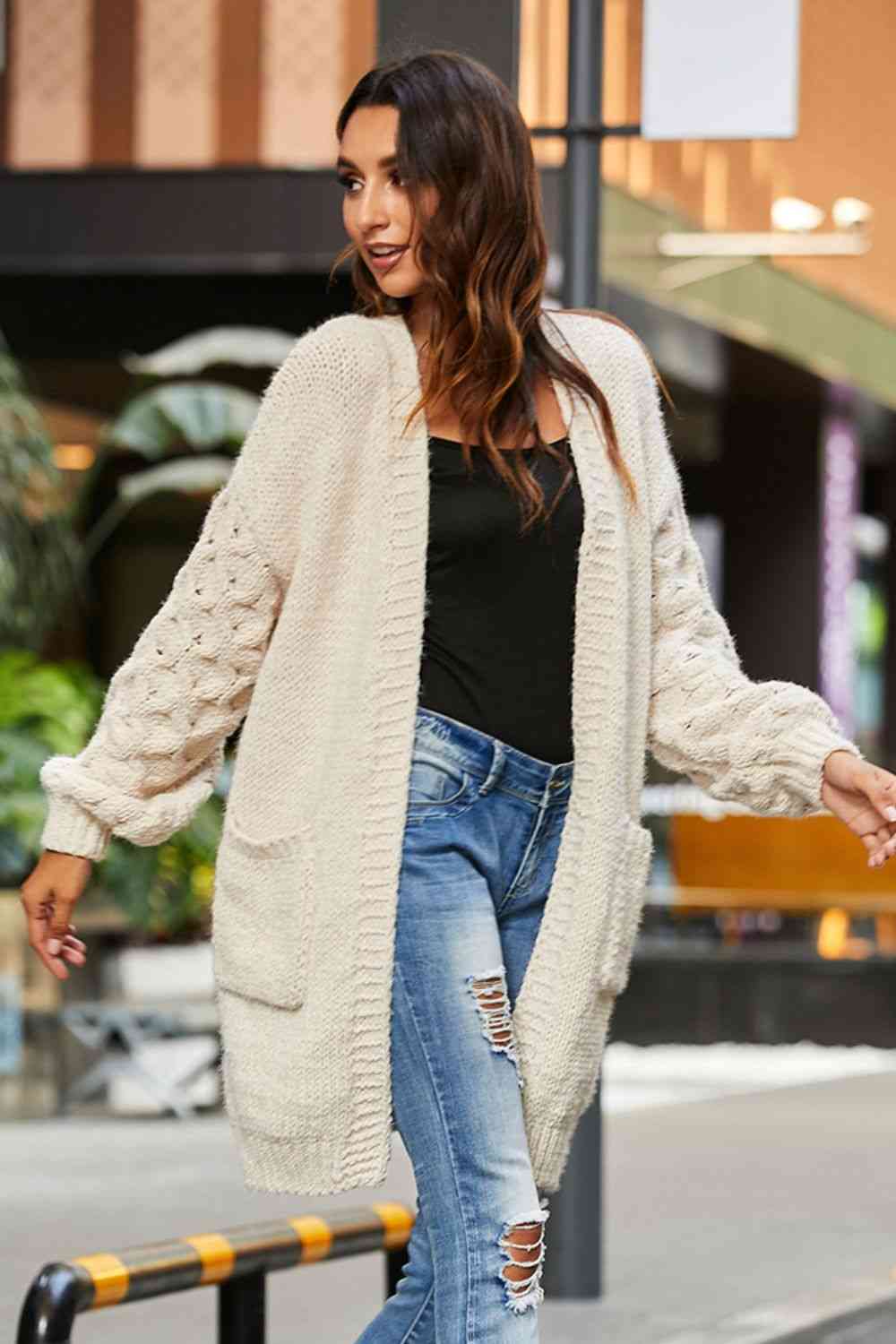 Open Front Ribbed Trim Duster Cardigan - Ladyez