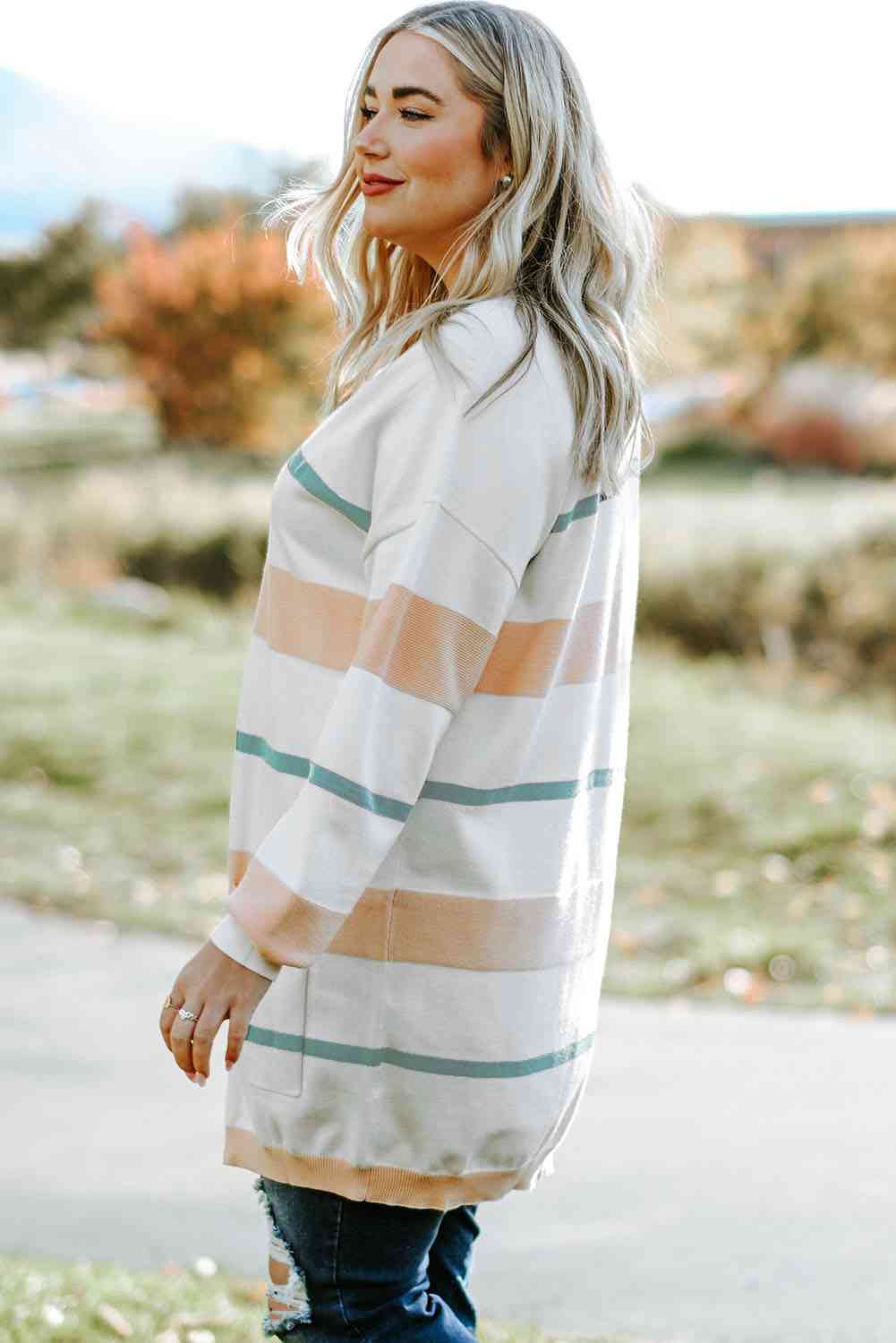 Plus Size Striped Open Front Cardigan - Ladyez