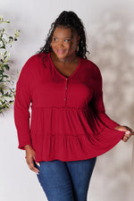 Double Take Half Button Long Sleeve Ruffle Hem Blouse - Ladyez