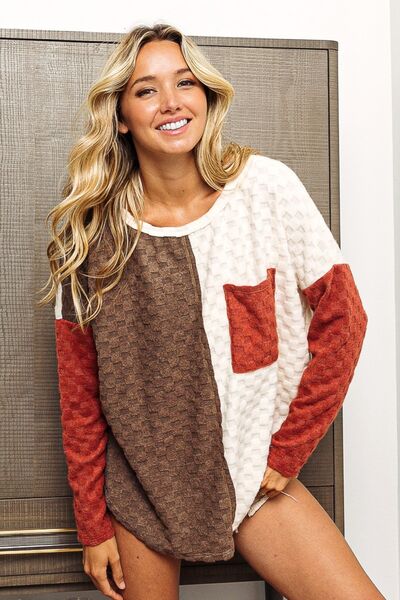 BiBi Color Block Brushed Checker Top - Ladyez