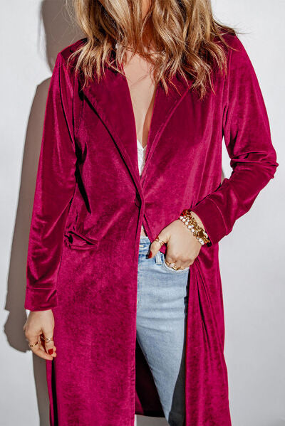 Collared Neck Longline Velvet Cardigan with Pockets - Ladyez