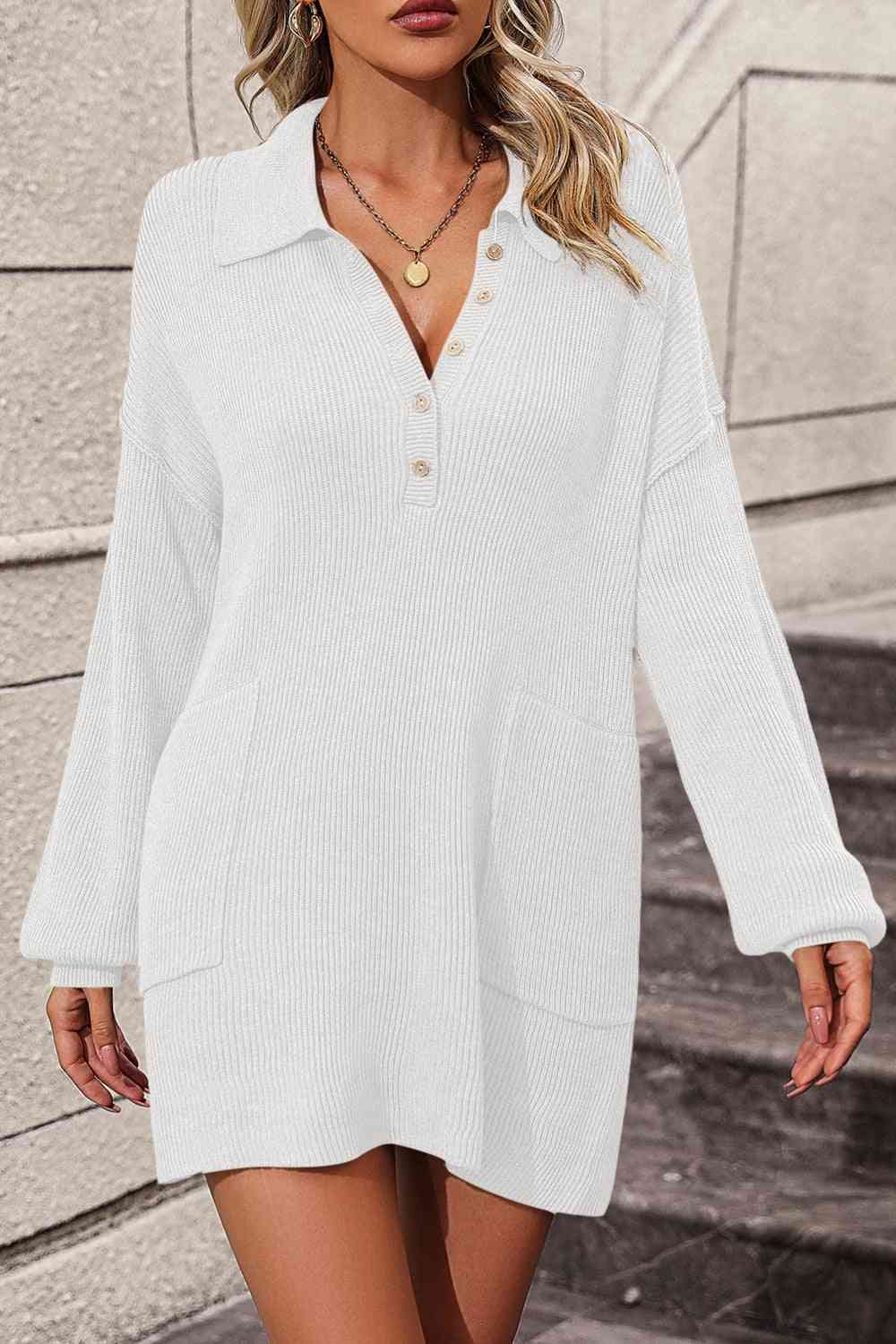 Johnny Collar Drop Shoulder Sweater Dress - Ladyez