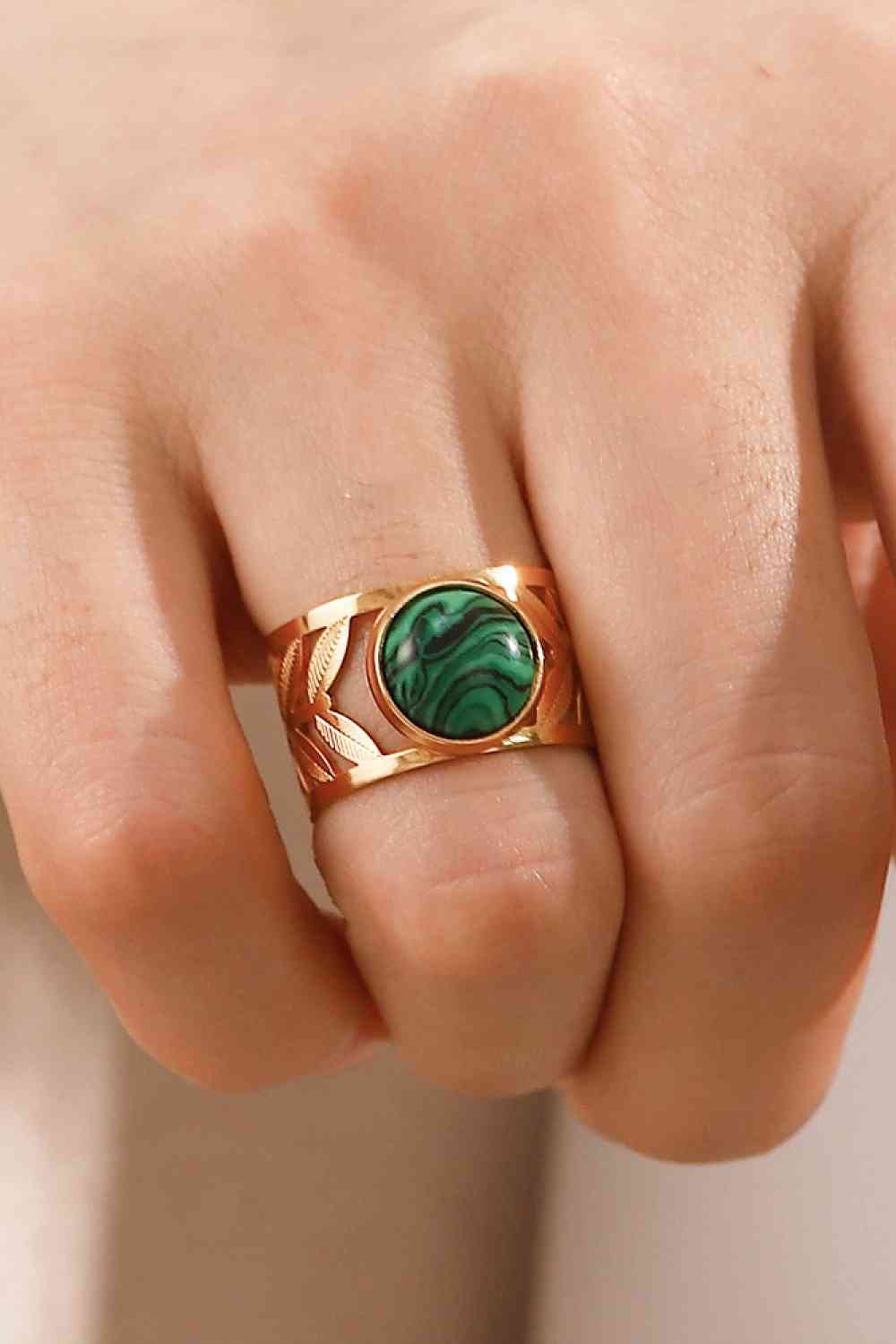 18k Gold Plated Malachite Leaf Ring - Ladyez