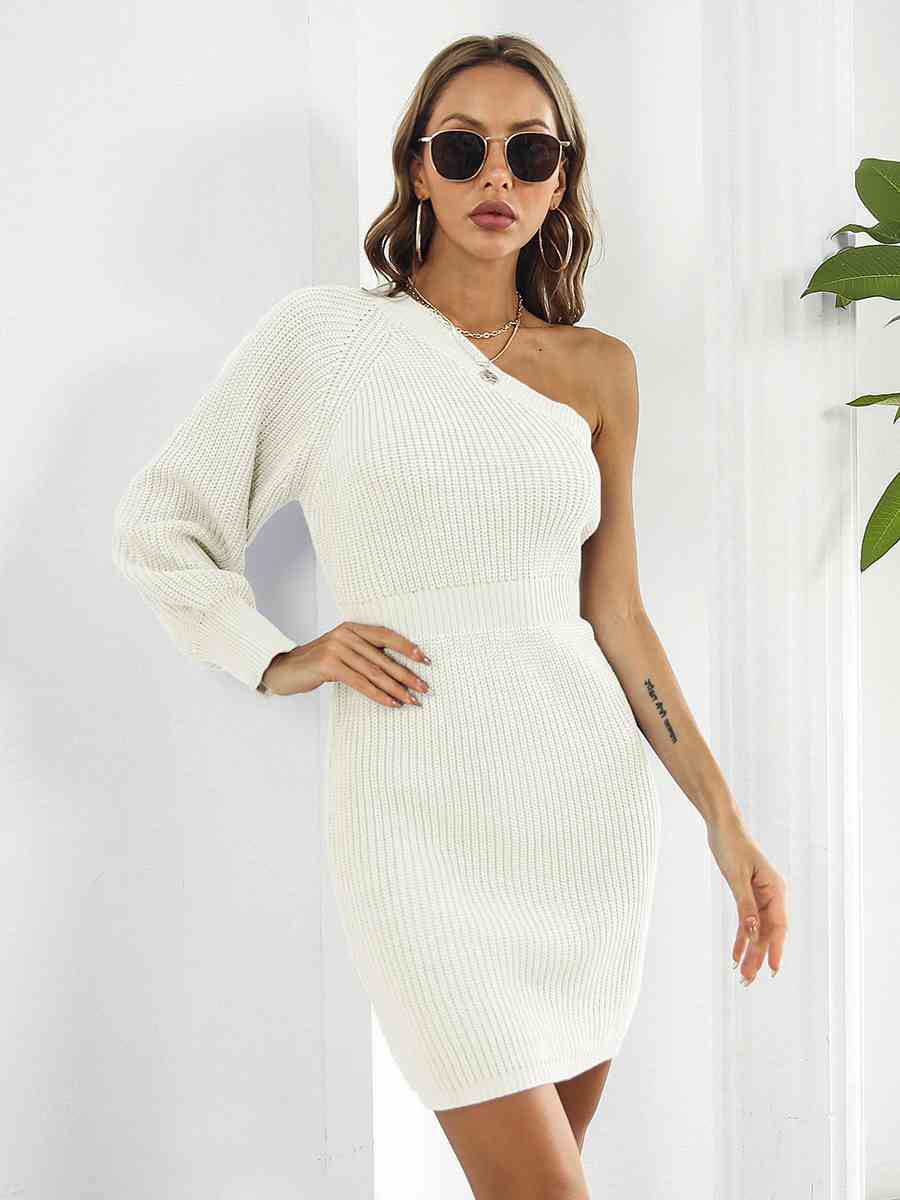 One-Shoulder Mini Sweater Dress - Ladyez