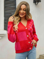 Plaid V-Neck Dropped Shoulder Cardigan - Ladyez