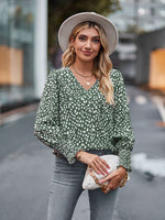 Printed V-Neck Lantern Sleeve Blouse - Ladyez