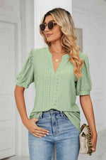 Eyelet Short Puff Sleeve Notched Neck Top - Ladyez