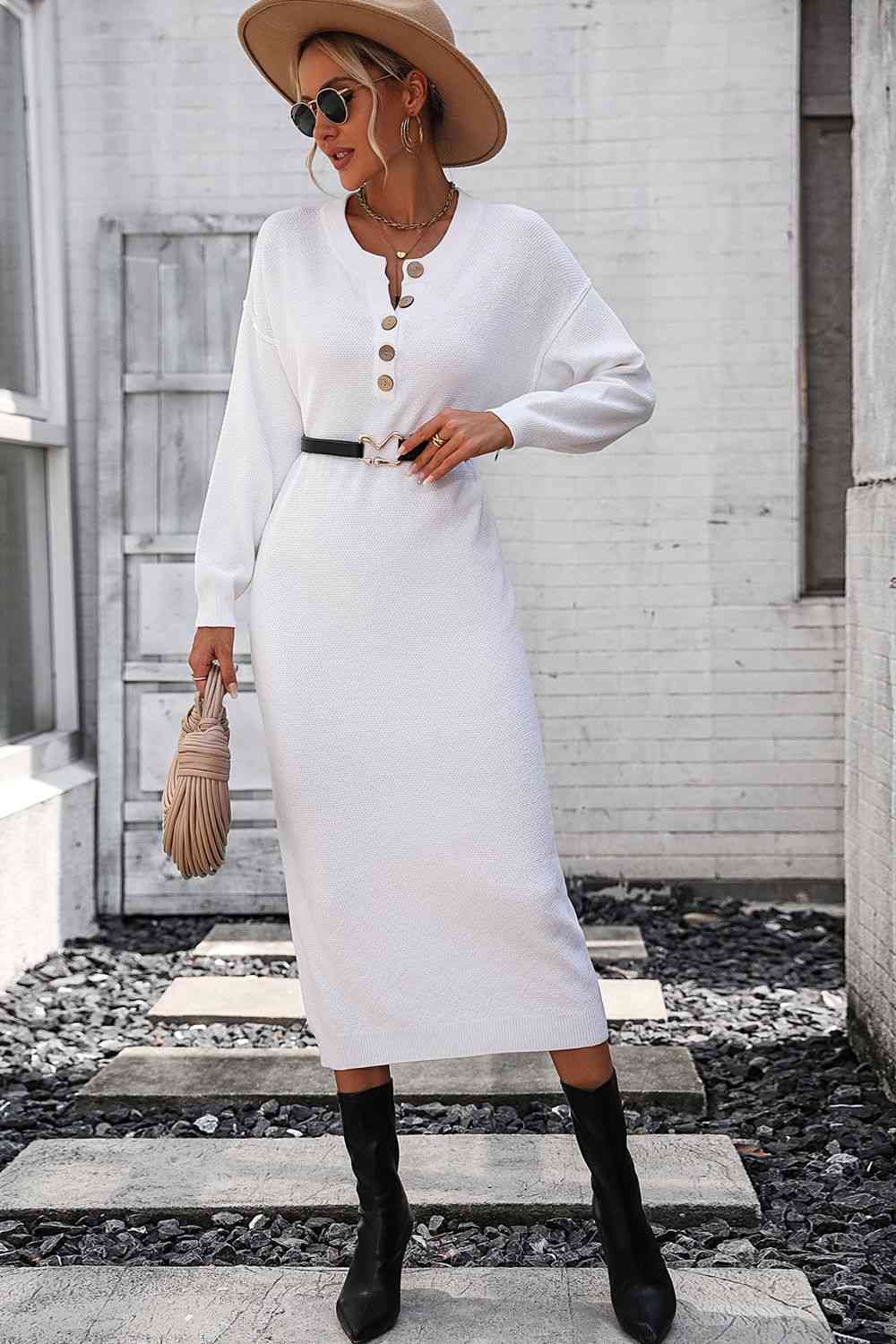 Notched Neck Dropped Shoulder Button-Down Midi Dress - Ladyez
