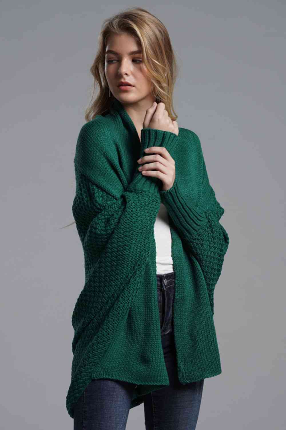 Double Take Dolman Sleeve Open Front Ribbed Trim Longline Cardigan - Ladyez