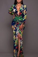 Printed Plunge Neck Leg Split Maxi Dress - Ladyez