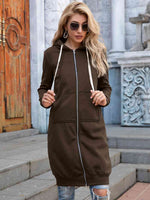 Zip-Up Longline Hoodie with Pockets - Ladyez