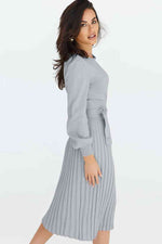 Round Neck Long Sleeve Pleated Sweater Dress - Ladyez