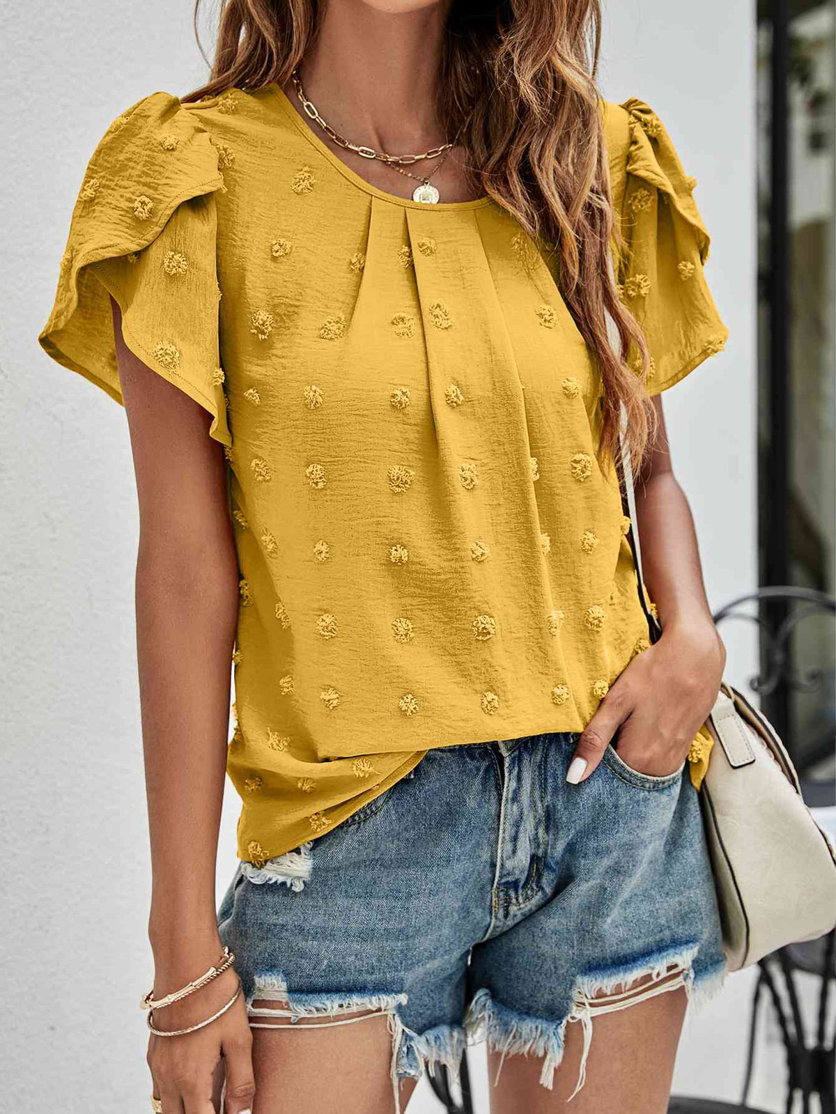 Swiss Dot Round Neck Petal Sleeve Top - Ladyez