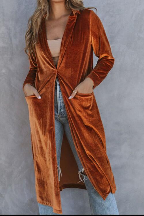 Collared Neck Longline Velvet Cardigan with Pockets - Ladyez