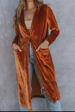 Collared Neck Longline Velvet Cardigan with Pockets - Ladyez