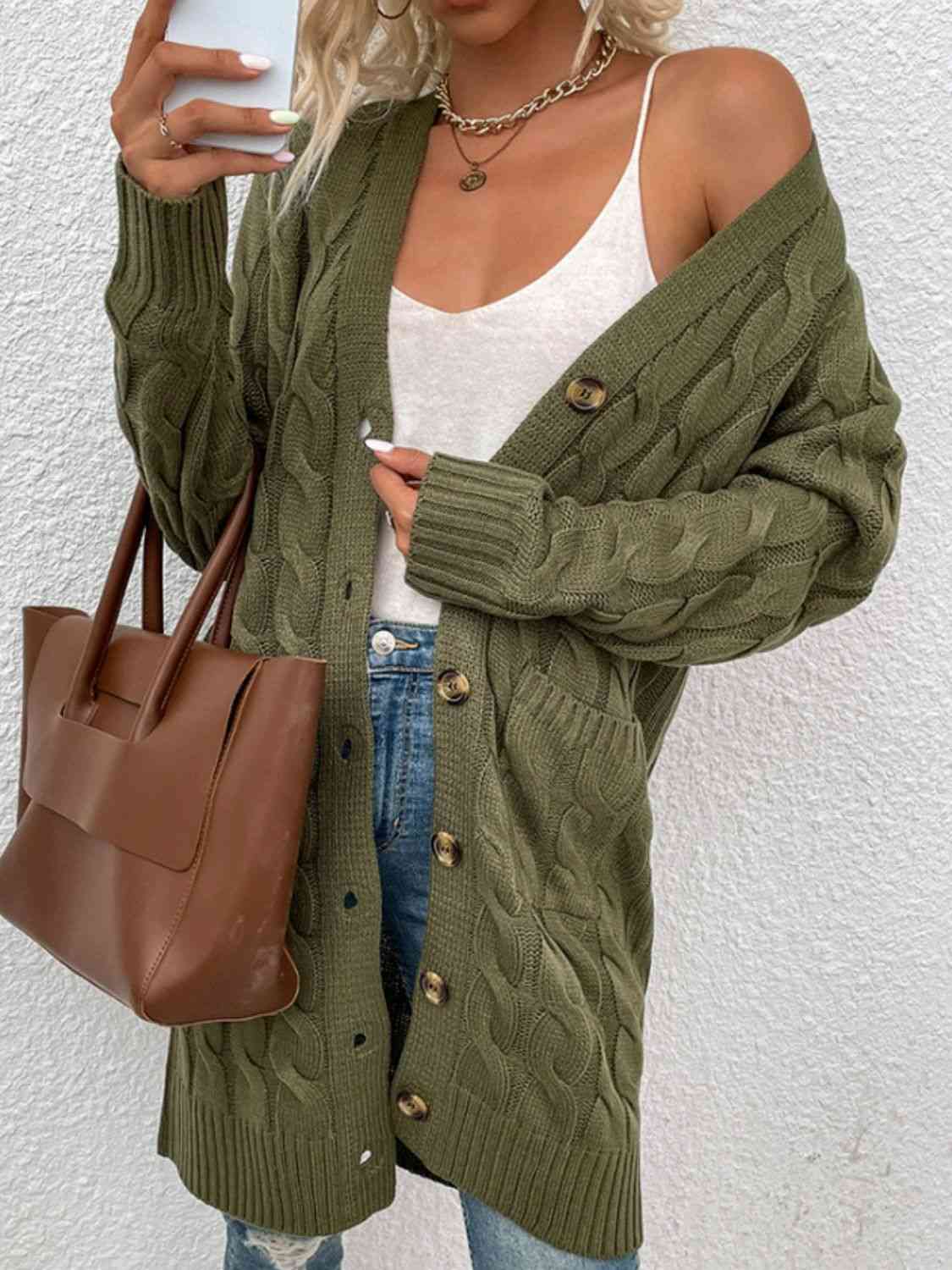 Cable-Knit Button Down Cardigan with Pockets - Ladyez