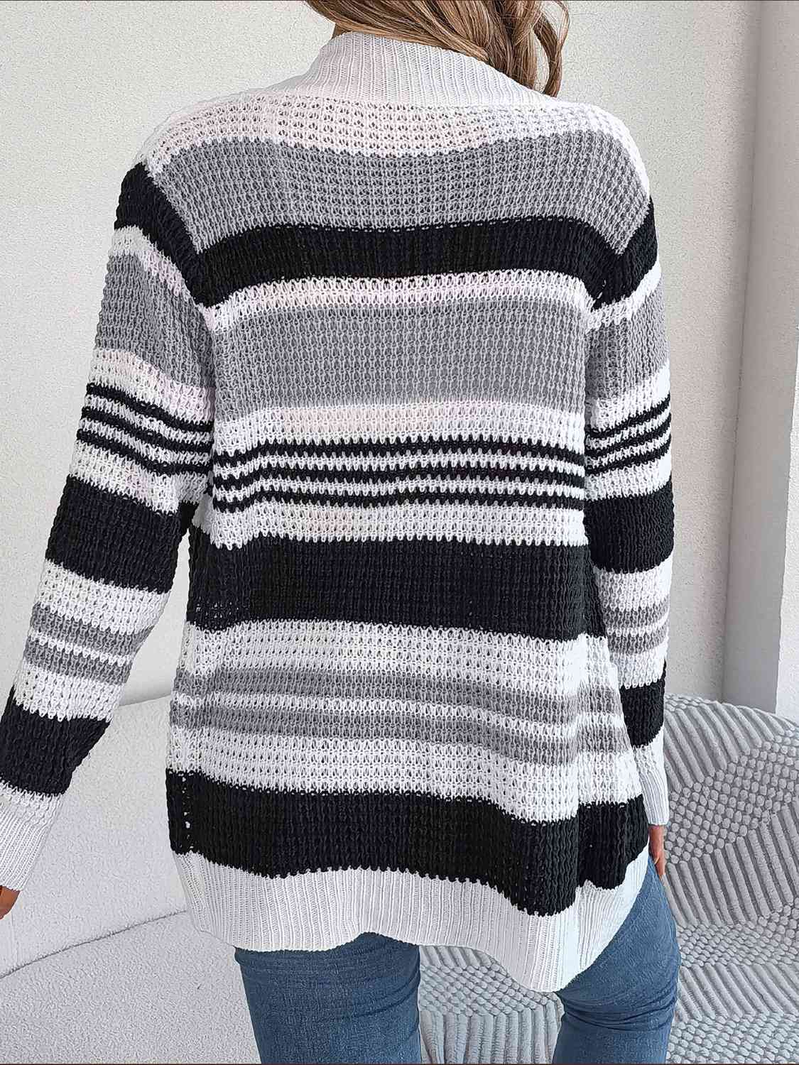 Striped Open Front Long Sleeve Cardigan - Ladyez
