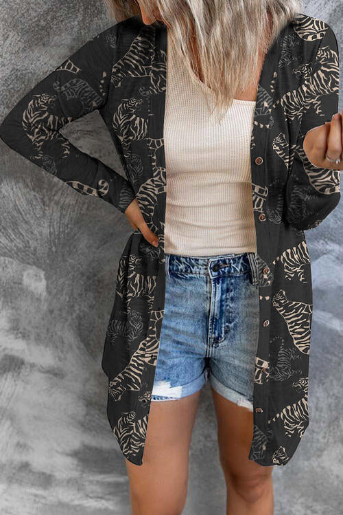 Tiger Print Button Up Long Sleeve Cardigan - Ladyez