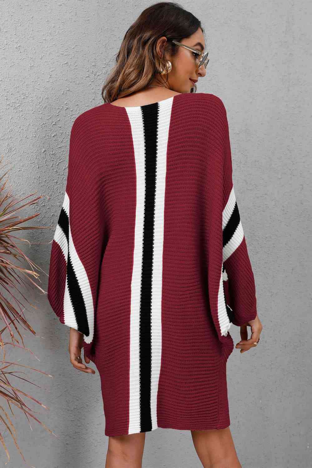 Ribbed Round Neck Long Sleeve Sweater Dress - Ladyez