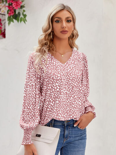 Printed V-Neck Lantern Sleeve Blouse - Ladyez