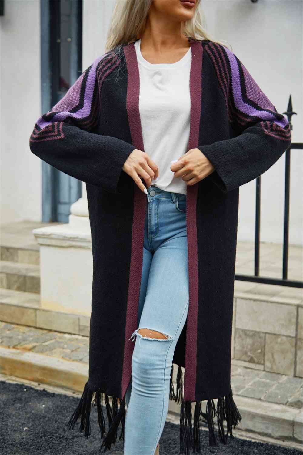 Double Take Geometric Fringe Hem Open Front Duster Cardigan - Ladyez