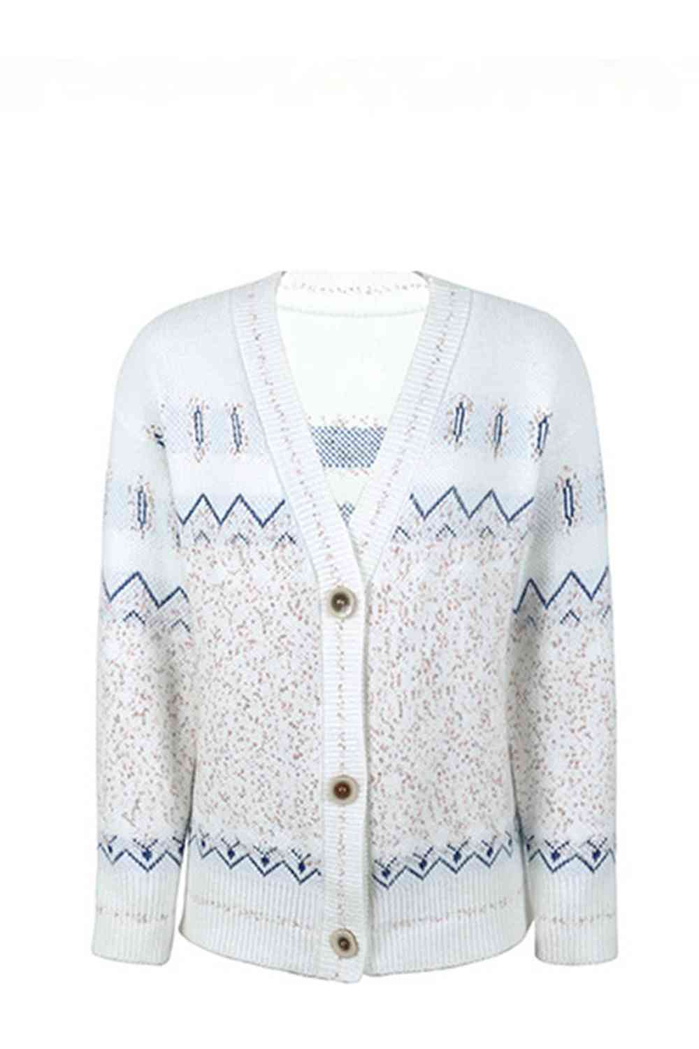 Printed V-Neck Buttoned Cardigan - Ladyez
