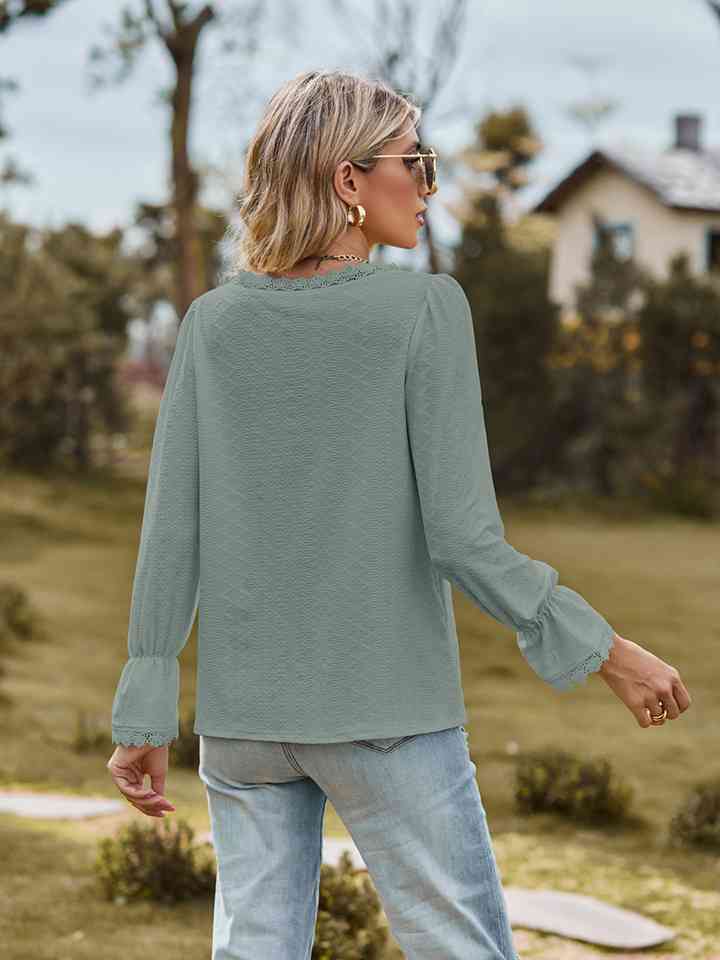 V-Neck Flounce Sleeve Blouse - Ladyez