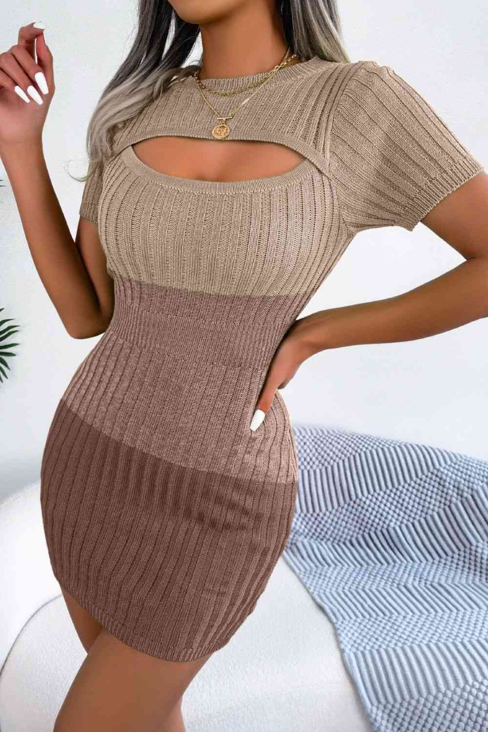 Color Block Cutout Short Sleeve Sweater Dress - Ladyez