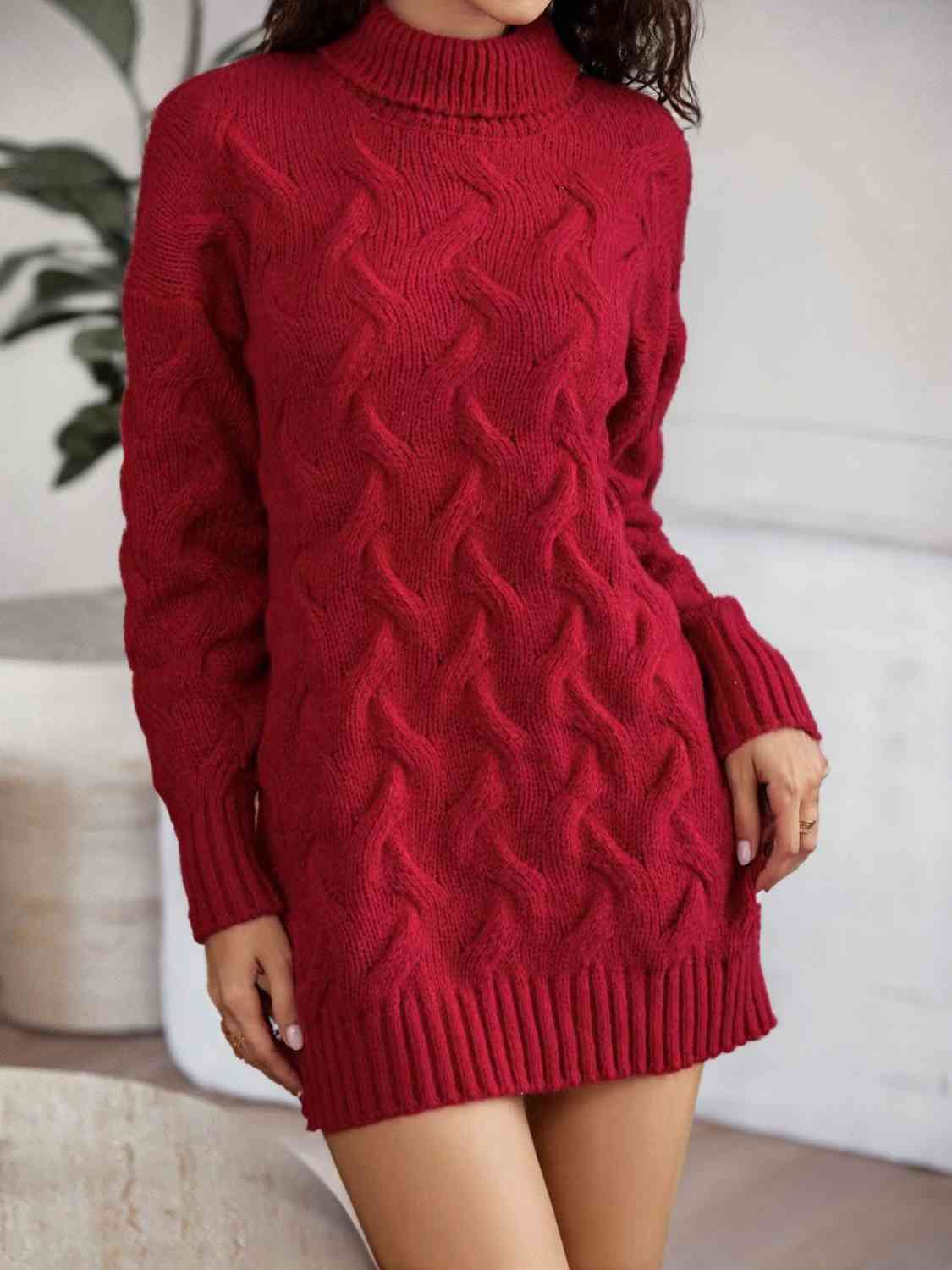 Cable-Knit Turtleneck Sweater Dress - Ladyez