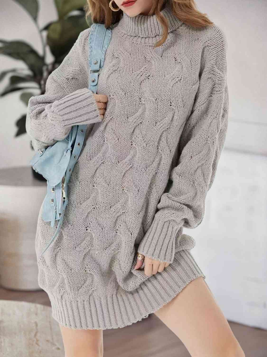 Cable-Knit Turtleneck Sweater Dress - Ladyez