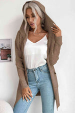 Double Take Ribbed Open Front Hooded Cardigan with Pockets - Ladyez