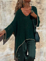 Contrast V-Neck Long Sleeve Sweater - Ladyez