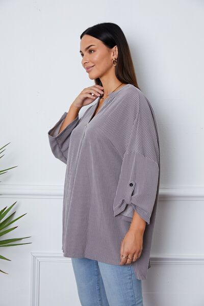Notched Roll-Tab Sleeve Blouse - Ladyez
