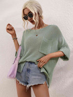 Boat Neck Cuffed Sleeve Slit Tunic Knit Top - Ladyez