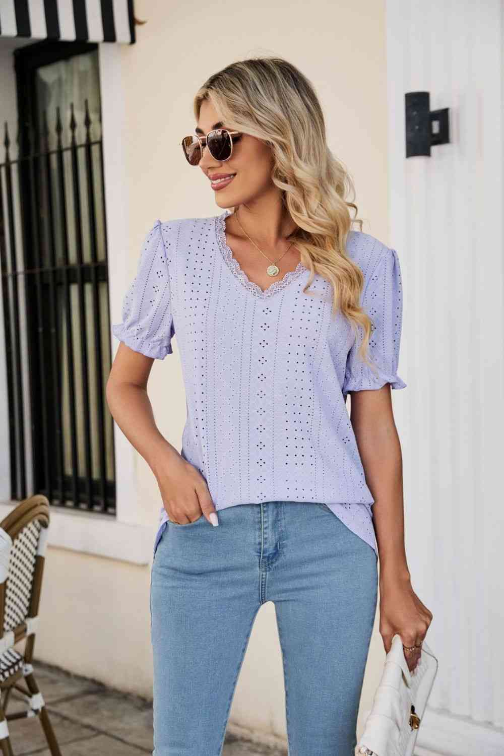 Eyelet Flounce Sleeve Scalloped V-Neck Top - Ladyez