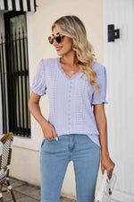 Eyelet Flounce Sleeve Scalloped V-Neck Top - Ladyez
