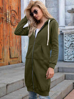 Zip-Up Longline Hoodie with Pockets - Ladyez