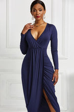 High-low Ruched Surplice Long Sleeve Dress - Ladyez