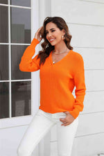 Ribbed V-Neck Dropped Shoulder Knit Top - Ladyez