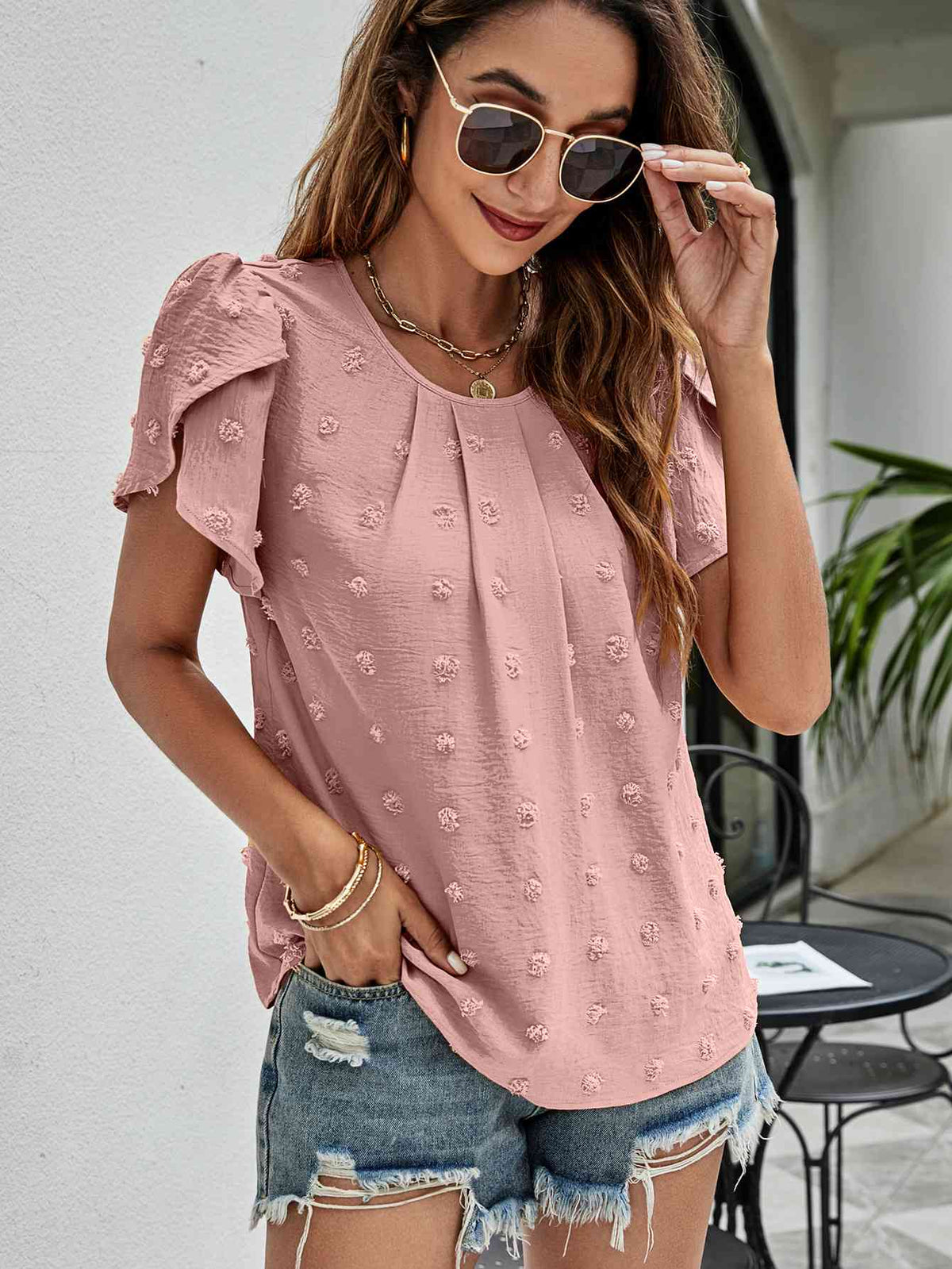 Swiss Dot Round Neck Petal Sleeve Top - Ladyez