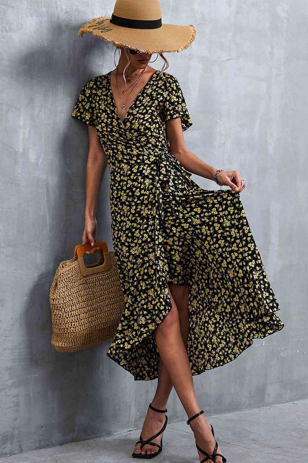 Floral Surplice Neck Tied Midi Dress - Ladyez