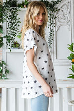 Heimish Full Size Star Print Short Sleeve V-Neck Waffle Knit T-Shirt - Ladyez