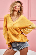 BiBi V-Neck Mesh Lantern Sleeve Top - Ladyez