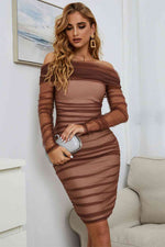 Off-Shoulder Ruched Long Sleeve Tulle Dress - Ladyez